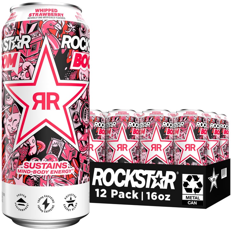 Rockstar, Boom Energy Drink with Caffeine and Taurine Packaging May Vary, Whipped Strawberry, 16 Fl Oz (Pack of 12) - Image 1